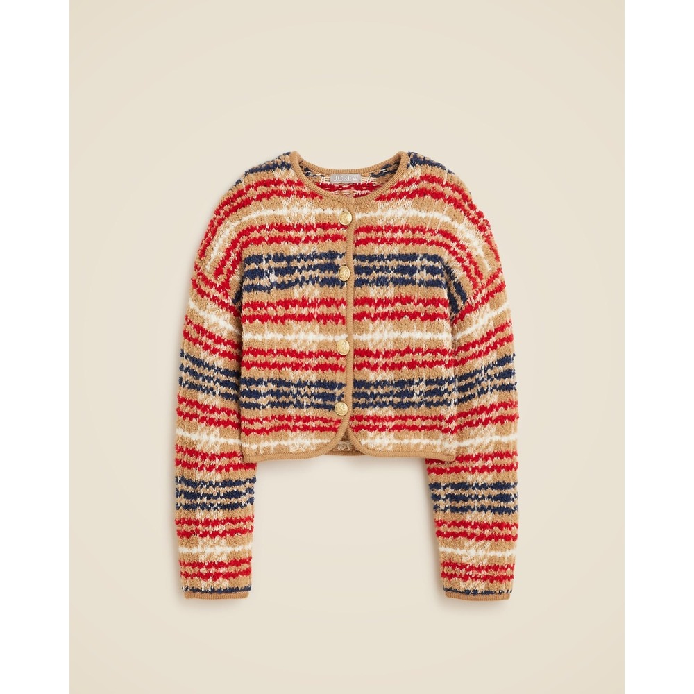 J.Crew lady jacket in plaid bouclé yarn Striped Cropped Cardigan‎ Red Navy Gold